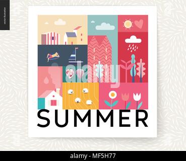 Idillic summer landscape postcard - countryside, town, travel and vacation camp concept - collage of trees, flowers, field with sheep and lake or see  Stock Vector