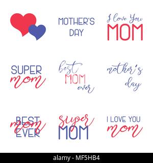Mothers Day Lettering Calligraphic Emblems Set. Happy Mothers Day, Best Mom, Love You Mom. Vector Design Elements For Greeting Card and Other Stock Vector