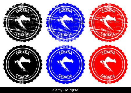 Croatia - rubber stamp - vector, Croatia map pattern - sticker - black, blue and red Stock Vector