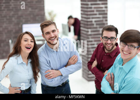 Smiling american team discussing business project during coffee  Stock Photo