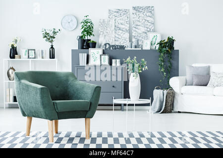 Green armchair standing on the carpet in bright living room interior with grey cupboard, decor, fresh plants and modern paintings Stock Photo