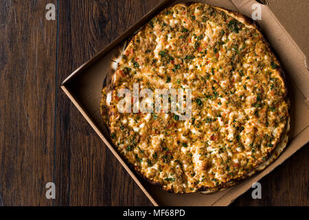 Turkish Pizza Lahmacun in Box. Traditional Food. Stock Photo