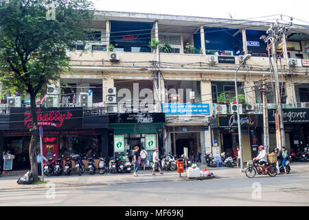 Row of shophouses converted to bars and nightclubs catering to the western tourists in ho Chi Minh city, Vietnam. Stock Photo