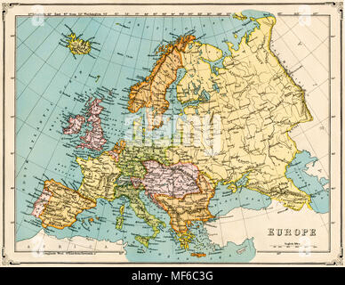 Map of Europe in the 1870s. Printed color lithograph Stock Photo