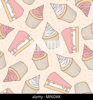 Hand drawn vector pastry seamless pattern with cake pieces and cupcakes covered with pink strawberry topping. Ornament on the dotted background. Stock Vector