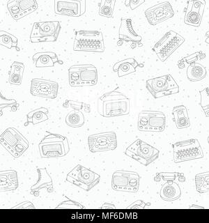 Hand drawn vector retro seamless pattern with antique tech, radio, typewriter, roller skates and vinyl  record player contours on the dotted backgroun Stock Vector