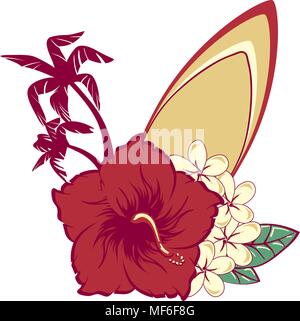 Surfboard in hawaiian flowers bouquet hibiscus and plumeria and palms Stock Vector