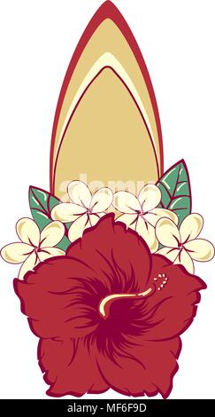 Surfboard in hawaiian flowers bouquet hibiscus and plumeria Stock Vector