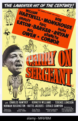 Carry On Sergeant (1958) directed by Gerald Thomas and starring Kenneth Williams, Charles Hawtrey and William Hartnell. A surprise success, this was the first of 31 Carry On films. Sergeant Grimshaw attempts to win best platoon with a motley bunch of recruits. Stock Photo