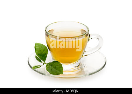 tea in glass cup with leaves, on white background Stock Photo