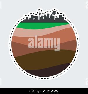 Simple city silhouette in patch style. Clip Art for sticker or pin. Layers of the earth. Stock Vector