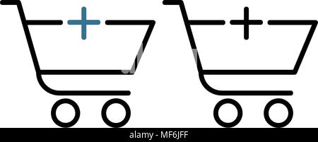 Shopping trolley with a plus icon, isolated on white background Stock Vector
