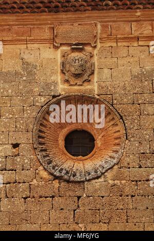 Old stone rosette in plaza Mayor in Alcaraz, Castile-La Mancha, Spain Stock Photo
