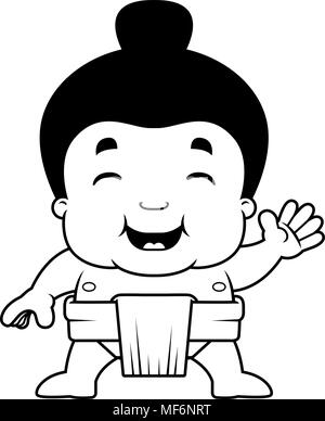 A cartoon illustration of a little sumo boy waving. Stock Vector