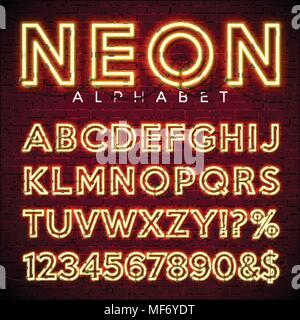 Bright Neon Alphabet on dark brick wall background. Vector number and symbol with shiny glow effect. Stock Vector