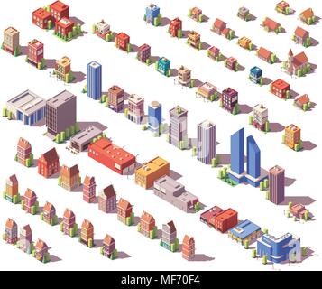 Vector low poly isometric buildings set Stock Vector