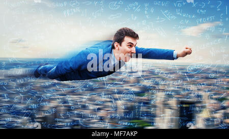 Wondered businessman flying over the city like a superhero. Surrounded by hard mathematics calculation and formulas. Business success concept. Stock Photo