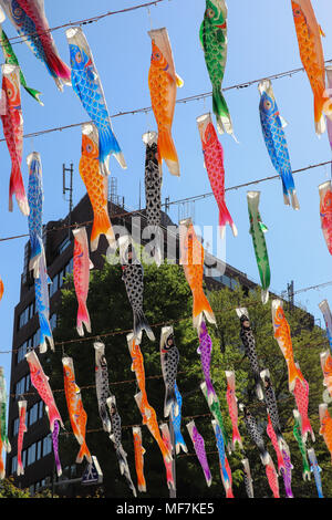 Many colorful paper carp or fish-shaped lanterns,called koinobori, hang on ropes strung diagonally overhead against a blue sky. Sunlight strikes them. Stock Photo