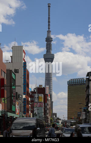 Japan's famous Skytree, rising above Tokyo, is the world's tallest tower at 2080 feet (634 m.).Broadcasts TV and radio communications,has restaurants Stock Photo