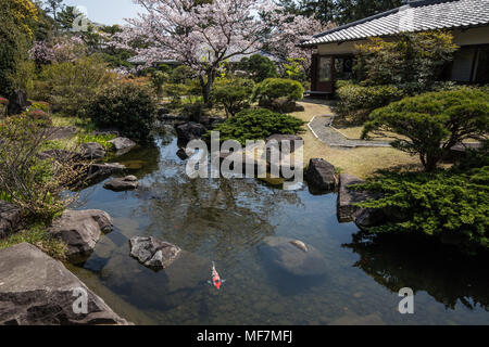 Shiosai Teien is a traditional Chisen Kaiyu Shiki Japanese strolling pond garden with teahouses overlooking the pond.  Within the grounds, altogether  Stock Photo