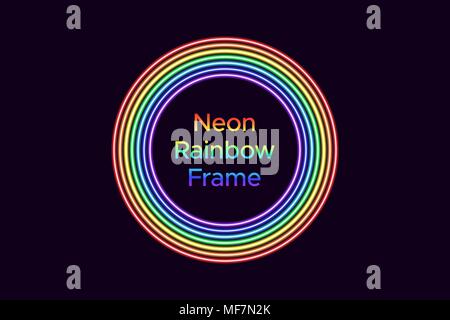 Neon circle frame in rainbow color. Vector template of rainbow neon frame consisting of seven outlines on the dark background Stock Vector