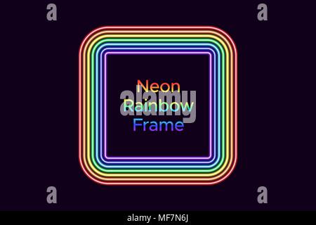 Neon square frame in rainbow color. Vector template of rainbow neon frame consisting of seven outlines on the dark background Stock Vector