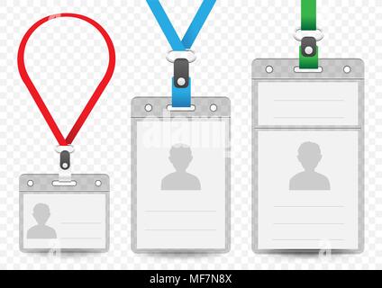Horizontal and vertical badge empty template with shadow with blue red and green lanyard on transparent background. Identification id card mockup set Stock Vector