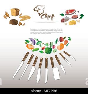 Illustration of vegetables, meat products and bakery products. Knife set chef Stock Vector
