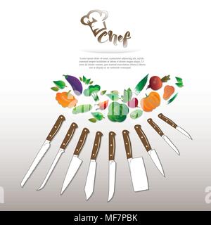 Set of kitchen knives with a set of vegetables Stock Vector