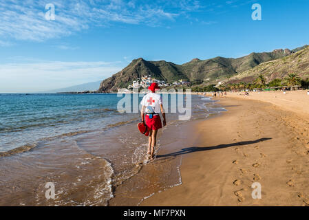 Santa Cruz de Tenerife, Canary Islands, Spain - Desember 11, 2016: Lifeguard on the famous Las Teresitas beach near Santa Cruz de Tenerife in the nort Stock Photo