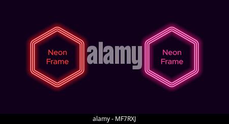 Neon hexagon frame in red and pink color. Vector template of neon frame consisting of three outlines, with soft backlight on the dark background Stock Vector
