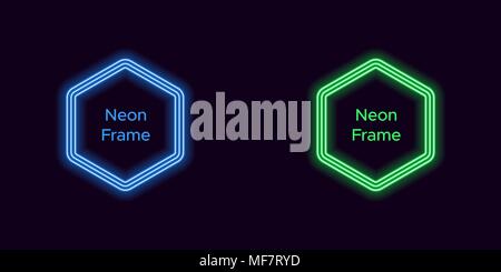 Neon hexagon frame in blue and green color. Vector template of neon frame consisting of three outlines, with soft backlight on the dark background Stock Vector