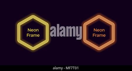 Neon hexagon frame in yellow and orange color. Vector template of neon frame consisting of three outlines, with soft backlight on the dark background Stock Vector