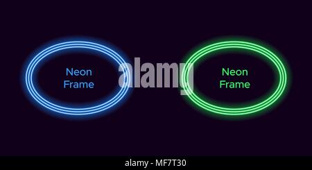 Neon oval frame in blue and green color. Vector template of neon frame consisting of three outlines, with soft backlight on the dark background Stock Vector