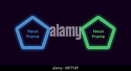 Neon pentagon frame in blue and green color. Vector template of neon frame consisting of three outlines, with soft backlight on the dark background Stock Vector