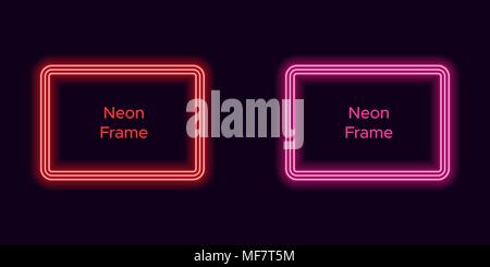 Neon rectangle frame in red and pink color. Vector template of neon frame consisting of three outlines, with soft backlight on the dark background Stock Vector
