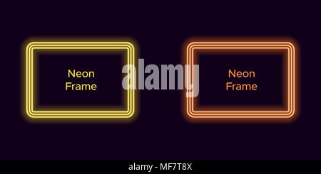 Neon rectangle frame in yellow and orange color. Vector template of neon frame consisting of three outlines, with soft backlight on the dark backgroun Stock Vector