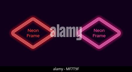 Neon rhombus frame in red and pink color. Vector template of neon frame consisting of three outlines, with soft backlight on the dark background Stock Vector