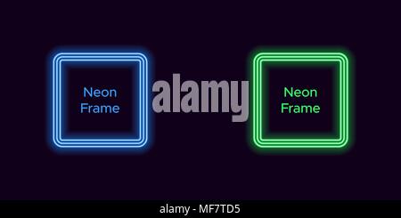 Neon square frame in blue and green color. Vector template of neon frame consisting of three outlines, with soft backlight on the dark background Stock Vector