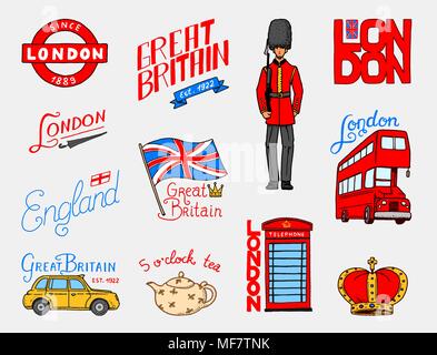 British, Crown and Queen, teapot with tea, bus and royal guard, London and the gentlemen. symbols, badges or stamps, emblems or architectural landmarks, United Kingdom. Country England label. Stock Vector