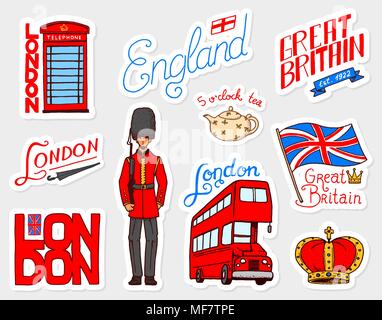 British vintage stickers, Crown and Queen, teapot with tea, bus and royal guard, London. Badges, stamps, emblems. United Kingdom. Country England label. 80s-90s Comic Style. Engraved hand drawn sketch Stock Vector