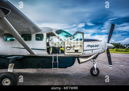 Small plane with three-blade propeller parked on tarmac with open cockpit, ladder access, and trees under partly cloudy sky Stock Photo