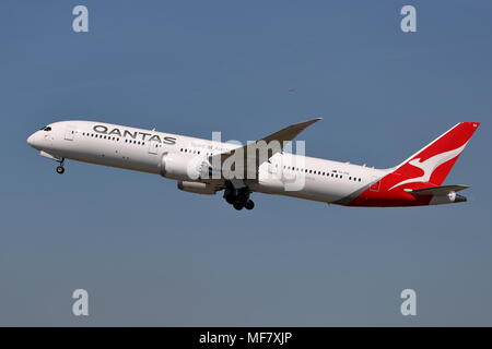 Qantas Boeing 787-9 Dreamliner VH-ZNA takes off at London Heathrow Airport, UK Stock Photo