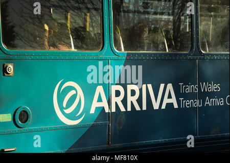 Close up view of company logo on a train operated by the franchise holder Arriva Trains Wales Stock Photo