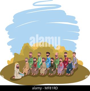 Jesus washing the feet of an apostles in the camp vector illustration design Stock Vector