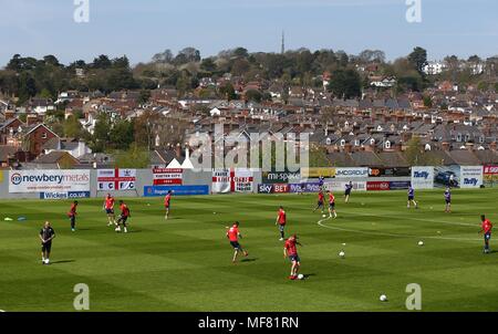 Players warm up before the Sky Bet League 2 match between Exeter City and Crawley Town at St James Park in Exeter. 21 Apr 2018  EDITORIAL USE ONLY FA Premier League and Football League images are subject to DataCo Licence see www.football-dataco.com Stock Photo