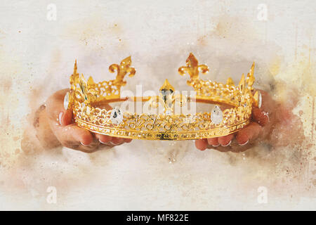 watercolor style abstract illustration of lady holding gold crown. fantasy medieval period Stock Photo