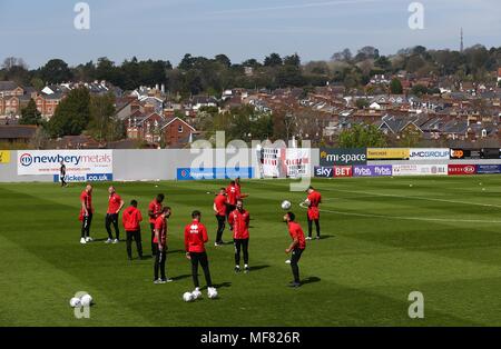 Players warm up before the Sky Bet League 2 match between Exeter City and Crawley Town at St James Park in Exeter. 21 Apr 2018  EDITORIAL USE ONLY FA Premier League and Football League images are subject to DataCo Licence see www.football-dataco.com Stock Photo