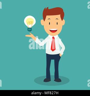 Standing businessman with lightbulb idea, cartoon businessman for business concept - Flat Vector Illustration Stock Vector