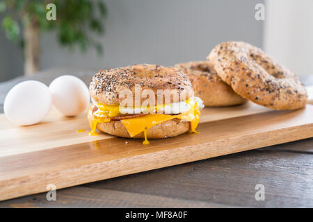 Canadian Bacon, egg and cheese breakfast sandwich with an everything bagel on cutting board with yoke running out Stock Photo